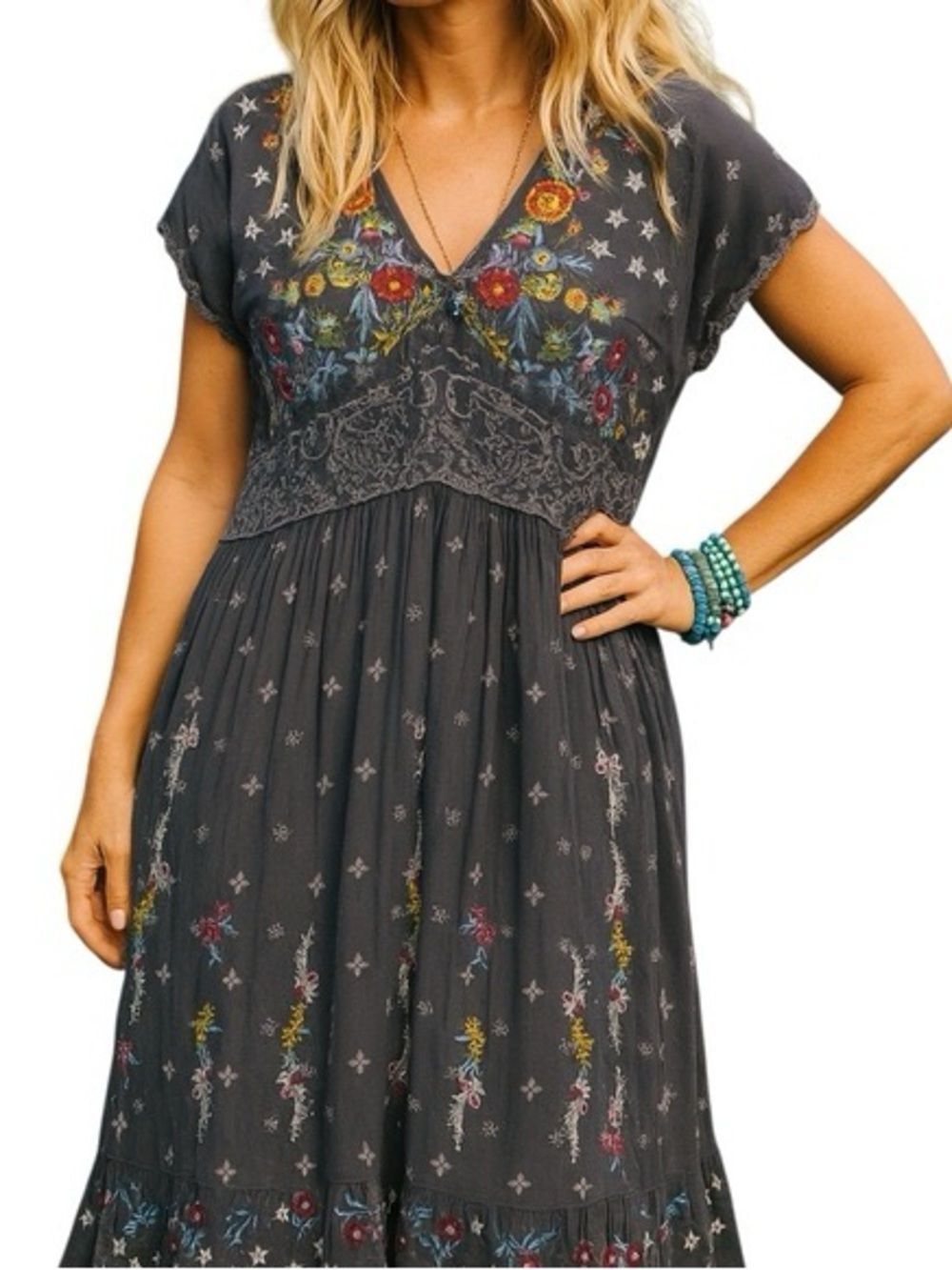 Johnny Was Embroidered Floral V Neck Midi Boho Slip Dress ‘Sabine’ Feminine